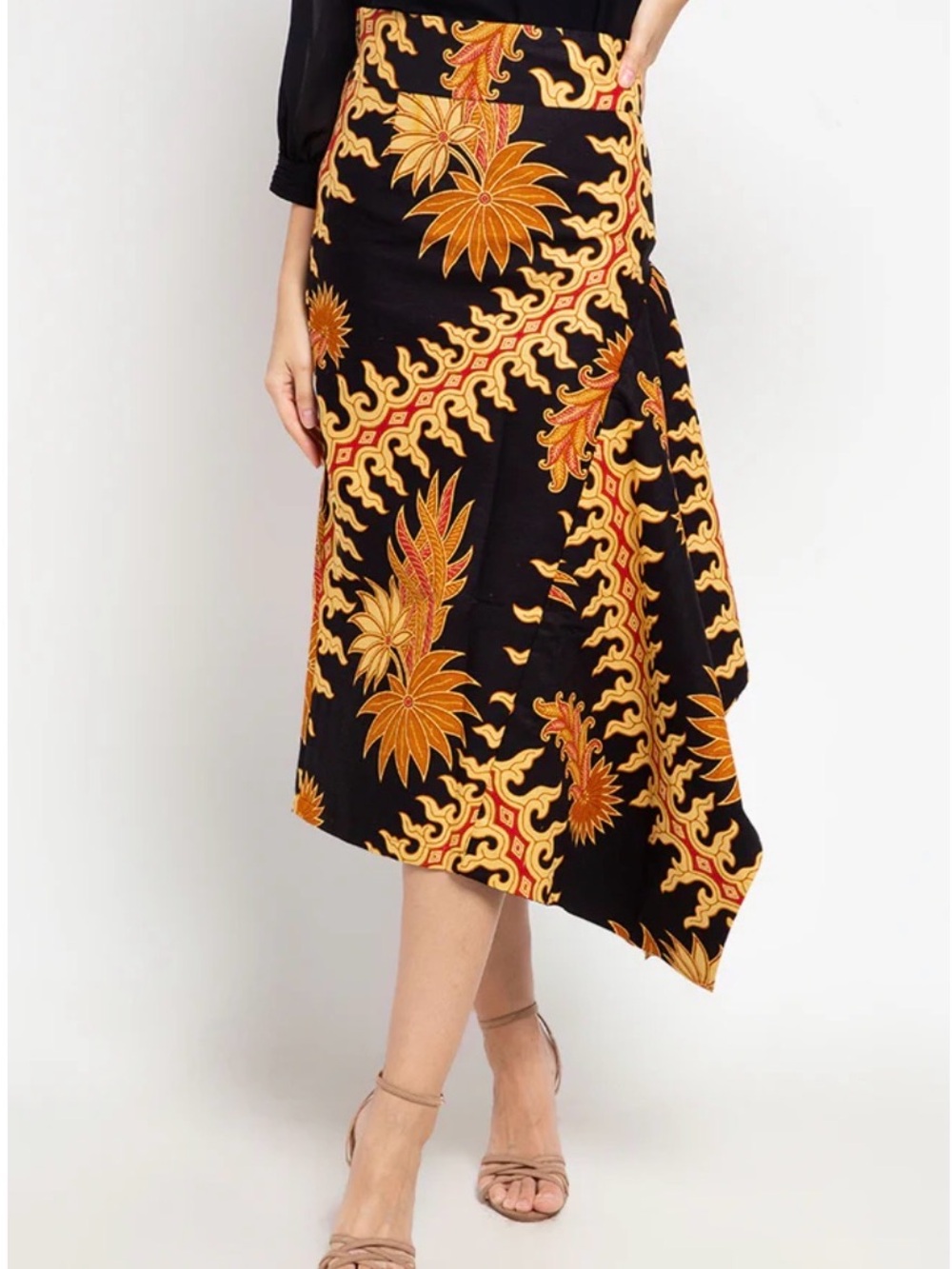 NWT Batik First Asymmetric Black Floral-Print Midi Skirt Yellow & Orange Small - Picture 1 of 14